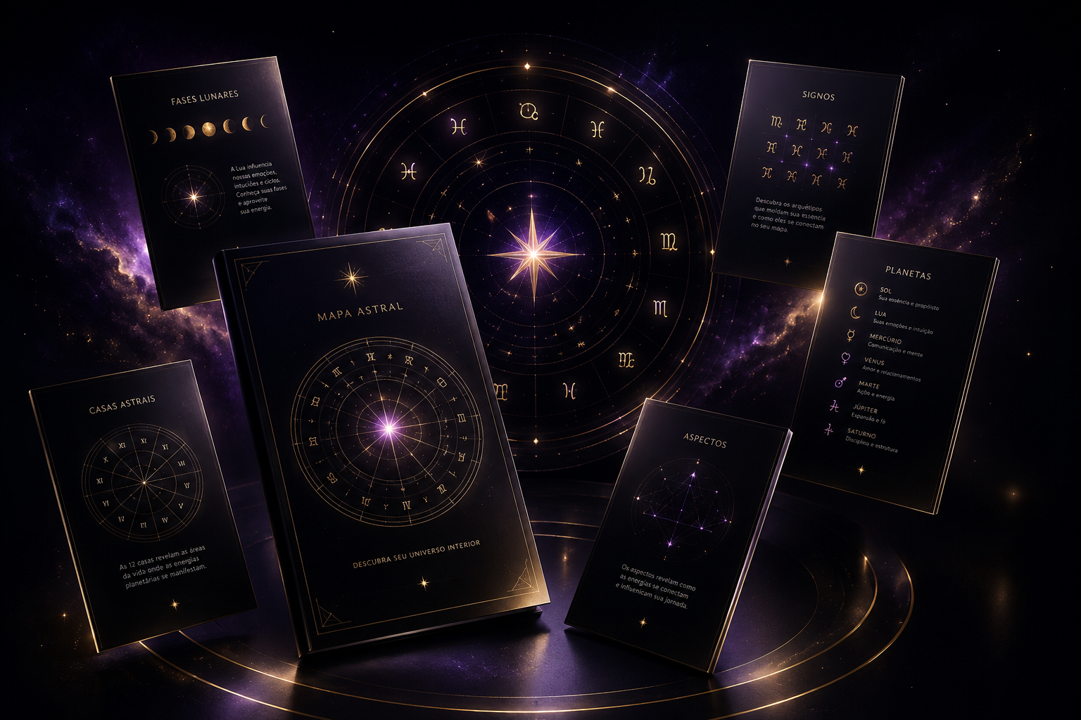 Mockup do Mapa Astral Essencial da Lumina Astral: livro de capa preta com gráfico dourado e cinco cartões cósmicos (signos, planetas, casas, fases lunares e aspectos) sobre fundo estrelado violeta