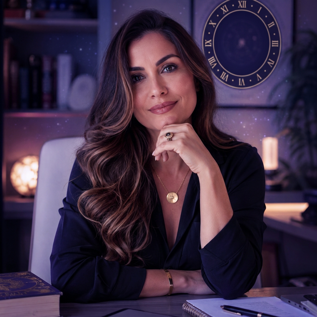 Helena Valença, astróloga da Lumina Astral, em ambiente sofisticado com iluminação suave